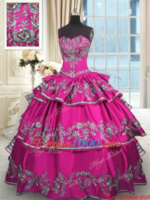 Flirting Fuchsia Sleeveless Floor Length Embroidery and Ruffled Layers Lace Up 15th Birthday Dress