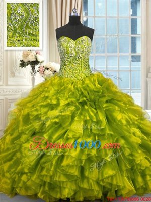Custom Made Sweetheart Sleeveless Brush Train Lace Up Sweet 16 Quinceanera Dress Olive Green Organza