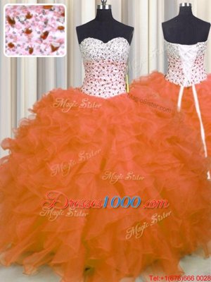Smart Ball Gowns Sweet 16 Dresses Orange Red Sweetheart Organza Sleeveless Floor Length Lace Up