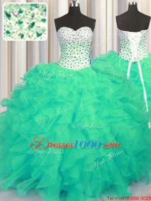 Exceptional Turquoise Lace Up Sweetheart Beading and Ruffles Sweet 16 Quinceanera Dress Organza Sleeveless