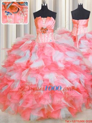 Pink And White Ball Gowns Beading and Ruffles and Hand Made Flower Quince Ball Gowns Lace Up Organza Sleeveless Floor Length