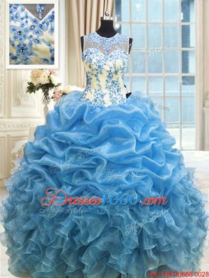 Scoop Sleeveless Sweet 16 Quinceanera Dress Floor Length Beading and Ruffles Baby Blue Organza