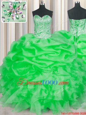 Sleeveless Floor Length Beading and Ruffles Lace Up 15th Birthday Dress with Green