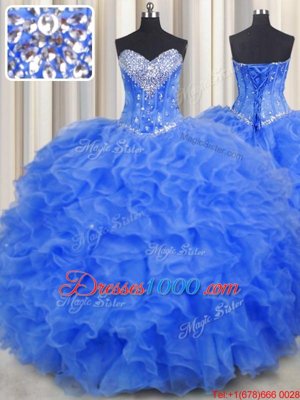 Sweet Royal Blue Sleeveless Floor Length Beading and Ruffles Lace Up 15 Quinceanera Dress