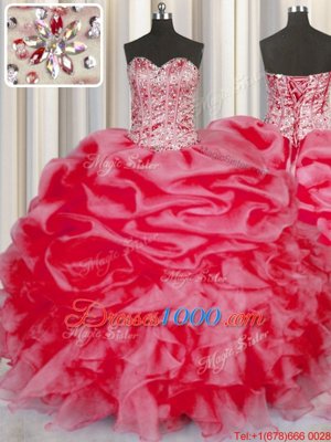Stunning Sweetheart Sleeveless Sweet 16 Dress Floor Length Beading and Ruffles and Pick Ups Coral Red Organza