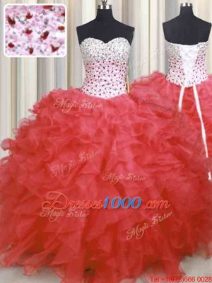 Dramatic Watermelon Red Organza Lace Up Sweet 16 Quinceanera Dress Sleeveless Floor Length Beading and Ruffles