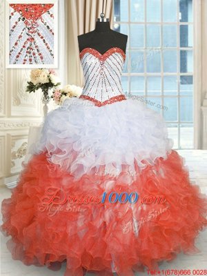 Sweetheart Sleeveless Lace Up 15th Birthday Dress White And Red Organza