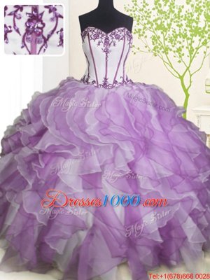 Sleeveless Organza Floor Length Lace Up Quinceanera Gowns in White And Purple for with Beading and Ruffles