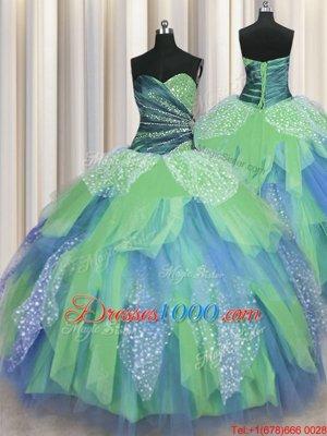 Free and Easy Green Lace Up Sweetheart Beading and Ruching Ball Gown Prom Dress Organza Sleeveless