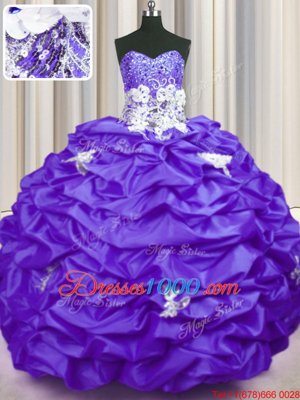 Designer Purple Sleeveless With Train Appliques and Sequins and Pick Ups Lace Up Quinceanera Gown