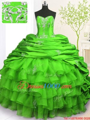 Glamorous Green Organza and Taffeta Lace Up Strapless Sleeveless With Train 15 Quinceanera Dress Brush Train Beading and Appliques and Ruffled Layers and Pick Ups