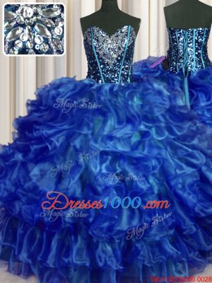 Hot Sale Sweetheart Sleeveless Sweet 16 Dresses Floor Length Beading and Ruffles Royal Blue Organza
