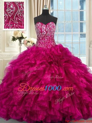 Fuchsia Sleeveless Organza Brush Train Lace Up Vestidos de Quinceanera for Military Ball and Sweet 16 and Quinceanera
