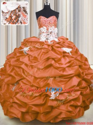Orange Red Ball Gowns Sweetheart Sleeveless Taffeta With Brush Train Lace Up Appliques and Sequins and Pick Ups Quinceanera Gown
