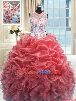 Scoop Watermelon Red Zipper Quinceanera Gowns Beading and Ruffles Sleeveless Floor Length