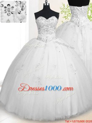 White Lace Up Quince Ball Gowns Beading and Appliques Sleeveless Floor Length