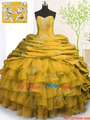 Ideal Gold Organza and Taffeta Lace Up Quinceanera Gowns Sleeveless With Brush Train Beading and Appliques and Ruffled Layers and Pick Ups