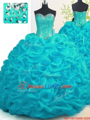 Discount Sweetheart Sleeveless Organza Sweet 16 Dress Beading and Ruffles Brush Train Lace Up