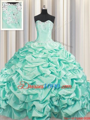 Best Brush Train Sleeveless Floor Length Beading and Pick Ups Lace Up Sweet 16 Dresses with Apple Green