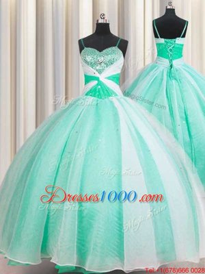 Spaghetti Straps Apple Green Lace Up Sweet 16 Dress Beading and Ruching Sleeveless Floor Length