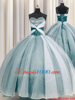 Extravagant Spaghetti Straps Floor Length Teal Ball Gown Prom Dress Organza Half Sleeves Beading and Ruching