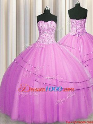 Luxury Visible Boning Really Puffy Lilac Sleeveless Floor Length Beading Lace Up Quinceanera Dress