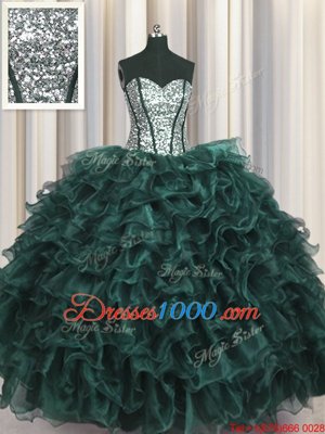 Visible Boning Peacock Green Quinceanera Gowns Military Ball and Sweet 16 and Quinceanera and For with Ruffles and Sequins Sweetheart Sleeveless Lace Up