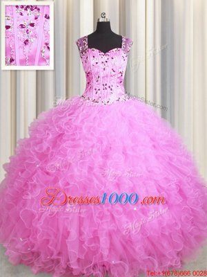 Beauteous See Through Zipper Up Sleeveless Tulle Floor Length Zipper Sweet 16 Dresses in Rose Pink for with Beading and Ruffles