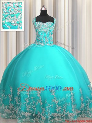 Sweet Sweetheart Sleeveless Quinceanera Dress Floor Length Beading and Appliques Aqua Blue Organza