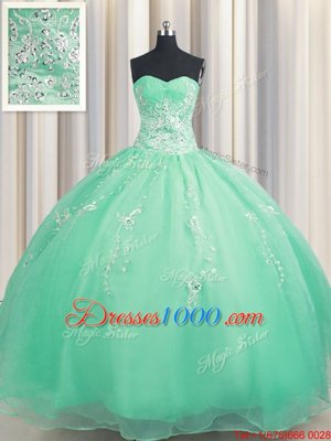 Best Zipper Up Sleeveless Floor Length Beading and Appliques Zipper Quinceanera Gown with Apple Green