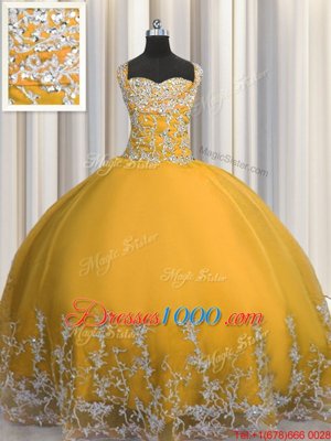 Colorful Gold Tulle Lace Up Sweet 16 Dress Sleeveless Floor Length Beading and Appliques
