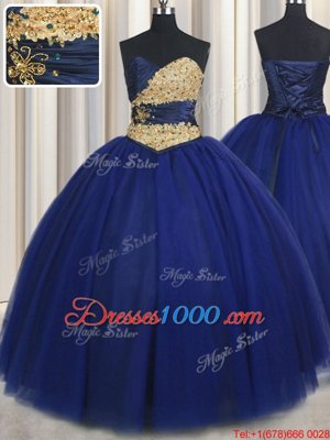 Cute Sleeveless Tulle Floor Length Lace Up Sweet 16 Quinceanera Dress in Navy Blue for with Beading and Appliques