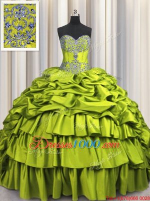 Brush Train Beading and Embroidery and Ruffled Layers and Pick Ups Ball Gown Prom Dress Olive Green Lace Up Sleeveless Floor Length