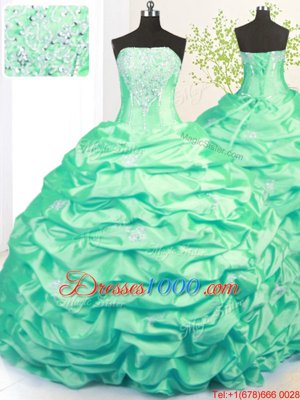 Beading and Pick Ups 15th Birthday Dress Turquoise Side Zipper Sleeveless With Train Sweep Train