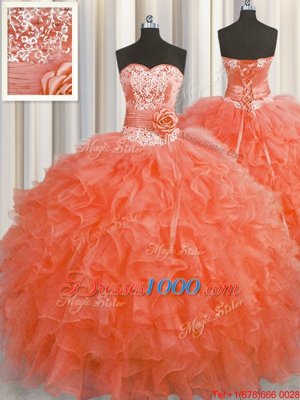 Colorful Handcrafted Flower Floor Length Red Quinceanera Dresses Organza Sleeveless Beading and Ruffles and Hand Made Flower