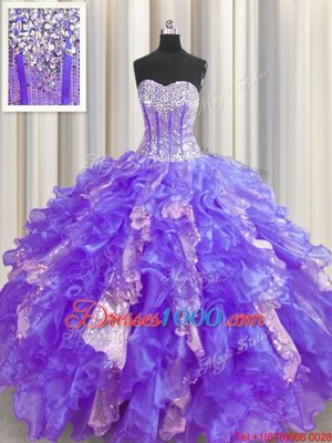 Visible Boning Purple Ball Gowns Organza and Sequined Sweetheart Sleeveless Beading and Ruffles and Sequins Floor Length Lace Up Sweet 16 Dresses