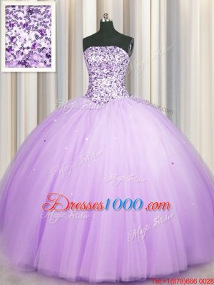 Really Puffy Lavender Sleeveless Floor Length Beading and Sequins Lace Up Quinceanera Gowns