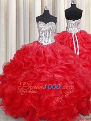 Latest Handcrafted Flower Organza Sleeveless Floor Length Sweet 16 Quinceanera Dress and Ruffles and Hand Made Flower