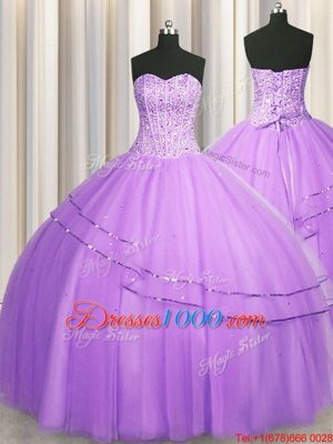 Visible Boning Puffy Skirt Tulle Sweetheart Sleeveless Lace Up Beading Quinceanera Gown in Lilac