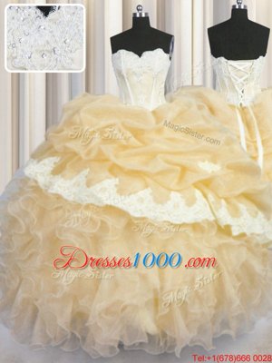High Quality Organza Sleeveless Floor Length Quinceanera Gowns and Beading and Appliques and Ruffles and Pick Ups