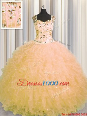 Charming See Through Zipper Up Tulle Sleeveless Floor Length 15th Birthday Dress and Beading and Ruffles