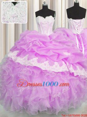 Customized Lilac Ball Gowns Sweetheart Sleeveless Organza Floor Length Lace Up Beading and Appliques and Ruffles and Pick Ups Quince Ball Gowns