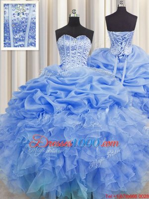 Pick Ups Visible Boning Ball Gowns Quinceanera Gowns Blue Sweetheart Organza Sleeveless Floor Length Lace Up