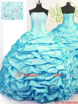 Discount Pick Ups Strapless Sleeveless Sweep Train Lace Up Quinceanera Gown Aqua Blue Taffeta