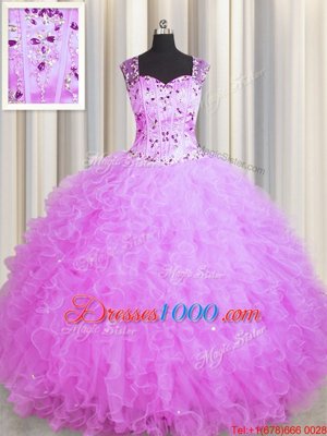 Fitting See Through Zipper Up Sleeveless Floor Length Beading and Ruffles Zipper Quinceanera Dresses with Lilac
