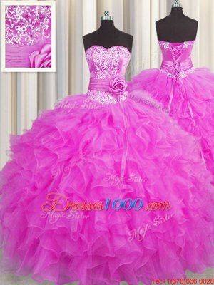 Top Selling Handcrafted Flower Fuchsia Sweetheart Lace Up Beading and Ruffles and Hand Made Flower Sweet 16 Quinceanera Dress Sleeveless
