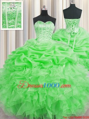 Luxurious Visible Boning Green Ball Gowns Organza Sweetheart Sleeveless Beading and Ruffles and Pick Ups Floor Length Lace Up Sweet 16 Dress