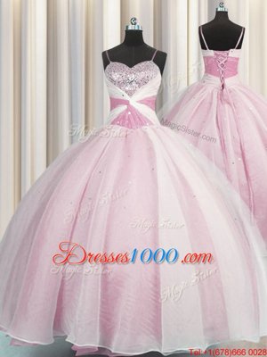 High Class Rose Pink Ball Gowns Spaghetti Straps Sleeveless Organza Floor Length Lace Up Beading and Ruching Sweet 16 Dress