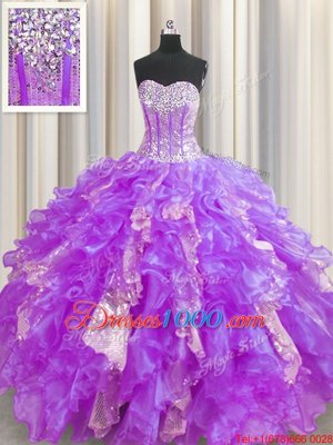 Visible Boning Sweetheart Sleeveless Organza and Sequined Quince Ball Gowns Beading and Ruffles and Sequins Lace Up