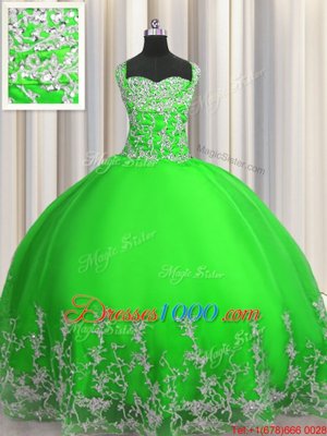 Green Lace Up Quinceanera Gowns Beading and Appliques Sleeveless Floor Length